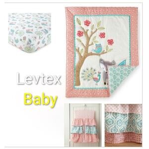 Levtex Baby EUC Fiona 5-Piece Nursery Crib Bedding Set hamper wall flags quilt